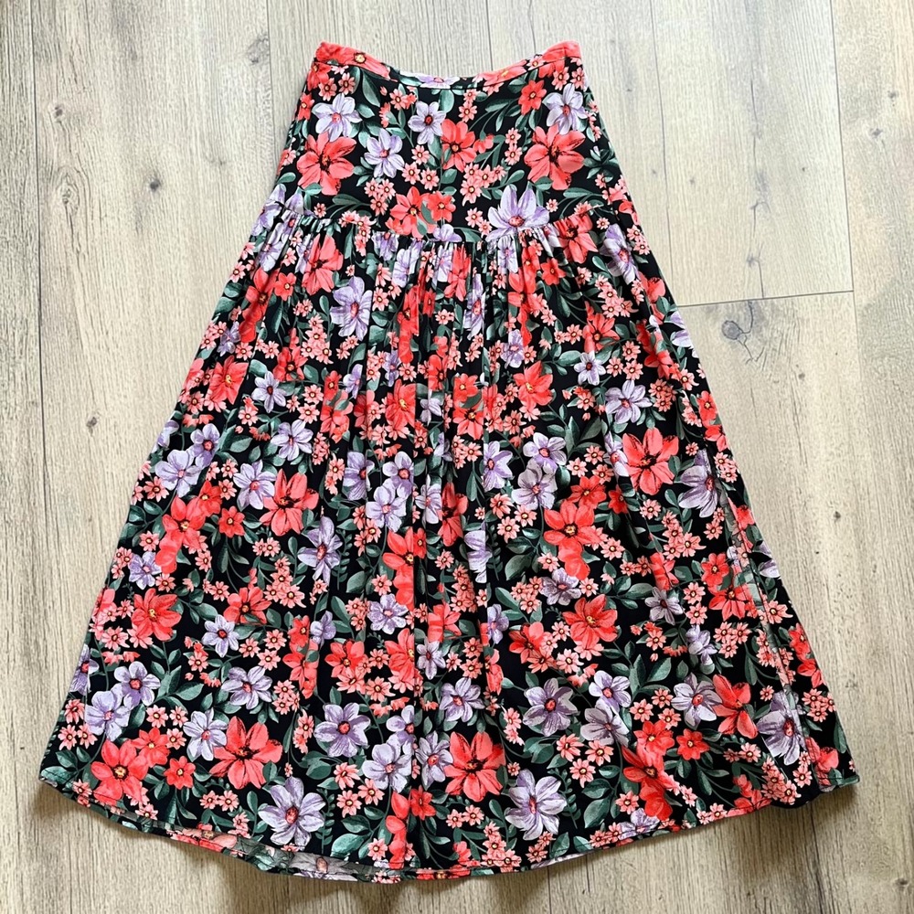 Abel the Label Womens Floral Tiered Maxi Skirt Black Red Purple Rayon Size S - Picture 1 of 8